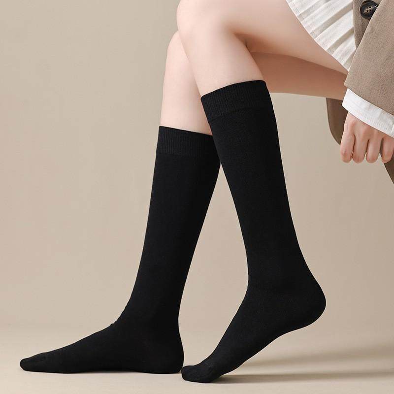 小腿袜女士春秋款中筒高筒长袜黑色长筒袜子款薄款纯色学生JK袜子