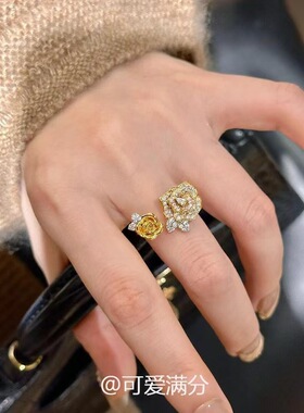 黄金色满钻双生玫瑰花戒指女小众时尚轻奢高级感美拉德风精致指环