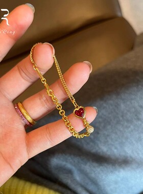 复古红色爱心锆石手链中古vintage高级感金色微镶手饰