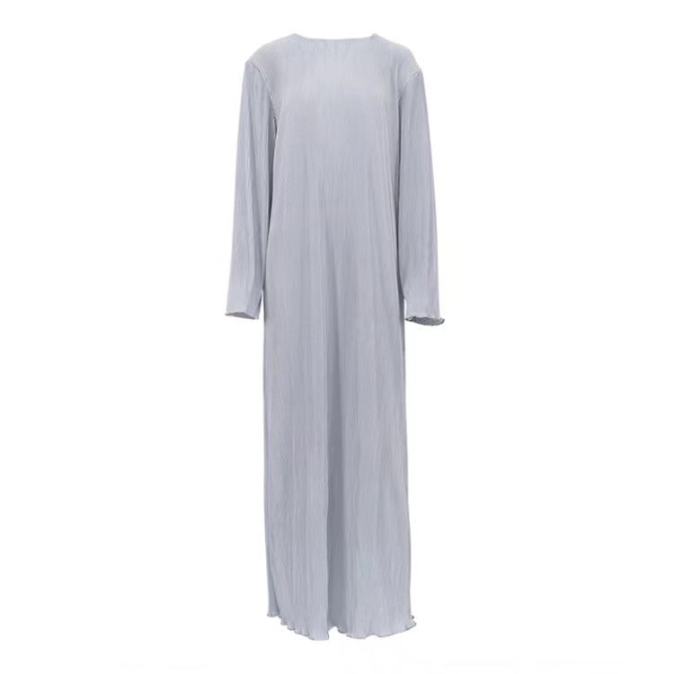 欧美圆领长袖纯色宽松褶皱连衣裙Round neck loose pleated dress - 图3