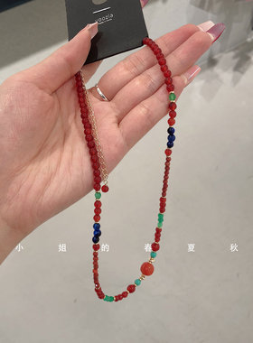 小众设计头饰韩国发饰饰品秋冬气质颈链气质复古红色项链毛衣链