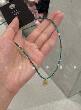 翠影金笺手工天然石串珠项链复古新中式颈链绿色清新吊坠锁骨链