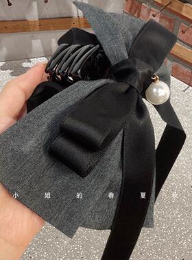 韩式灰色蝴蝶结珍珠抓夹布艺高颅顶长款飘带鲨鱼夹温柔百搭发饰