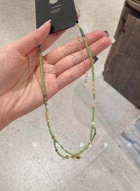 韩国小众绿色串珠小猫吊坠项链