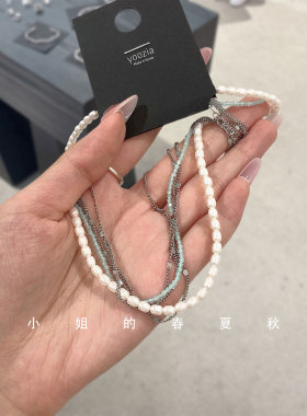 韩国饰品2024新款高级感气质颈链绿色冷淡风项链多层珍珠锁骨链