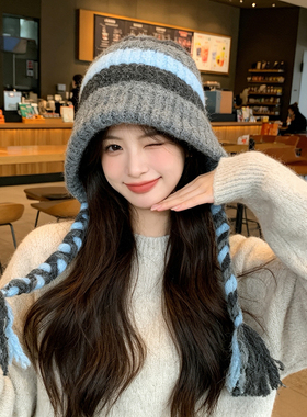 秋冬针织条纹护耳流苏辫子帽女