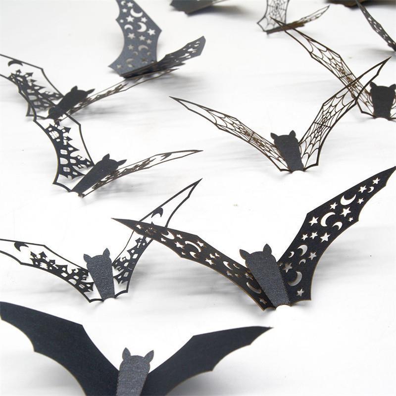 New 48Pcs Halloween 3D Hollow Bat Wall Stickers Black Bat St-图1