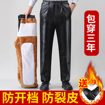 Mens leather pants plus suede thickened riding outside selling driver windproof and waterproof motorcycle loose and warm winter leather cotton pants