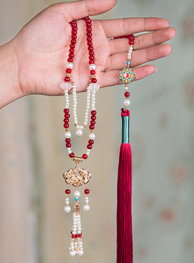 国潮正红背云长璎珞古风汉服项链长款流苏复古珍珠颈饰汉服配饰女