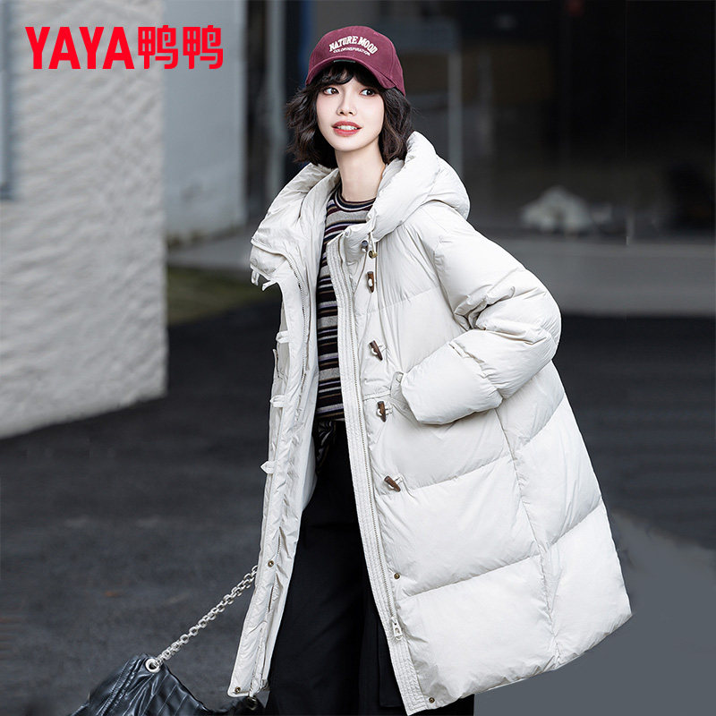 鸭鸭牛角扣羽绒服女中长款冬季新款时尚休闲连帽加厚保暖宽松外套,淘宝优惠券,粉丝福利购,淘宝优惠卷