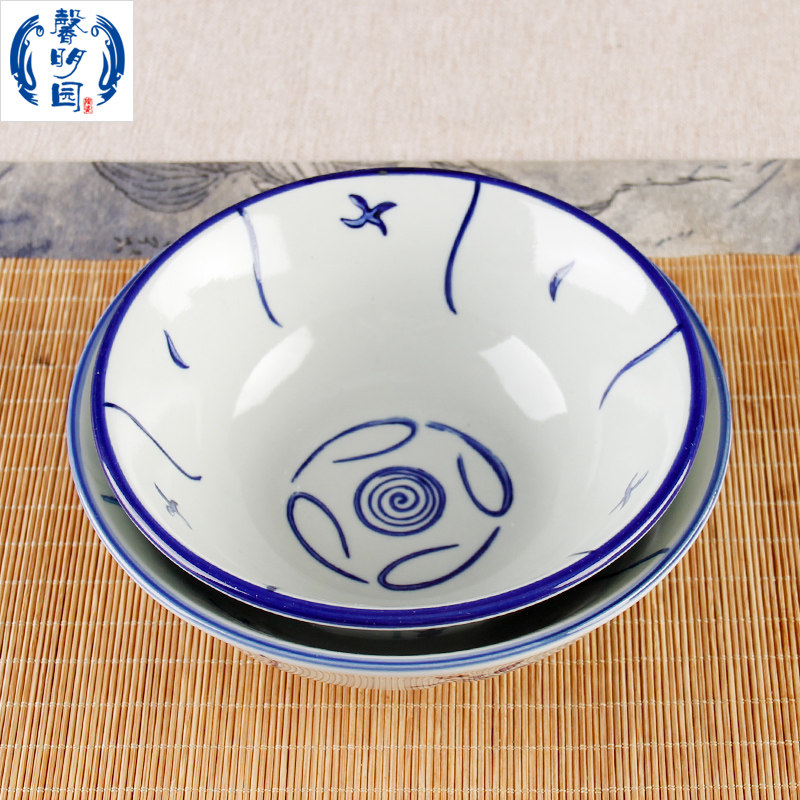 馨明园陶瓷青花釉下彩手绘葵斗碗复古怀旧斗笠碗中国风客家面碗