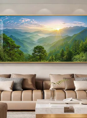 旭日东升客厅挂画日出风景装饰画现代靠山图山水画办公室书房壁画