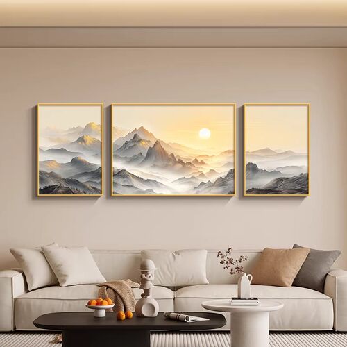 日照金山三联画客厅沙发背景墙壁画靠山图壁画现代简约轻奢装饰画 - 图1