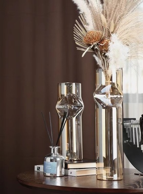 现代轻奢玻璃夹扁花瓶花器桌面摆件客厅餐厅样板间家居现代简约