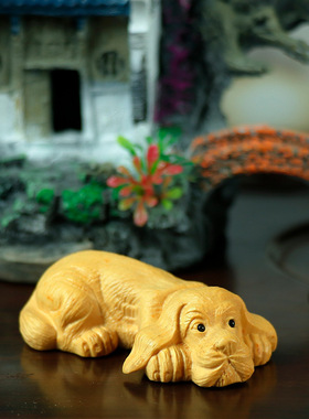 黄杨木雕摆件手把件生肖爬爬狗家居饰品客厅文玩汽车饰品