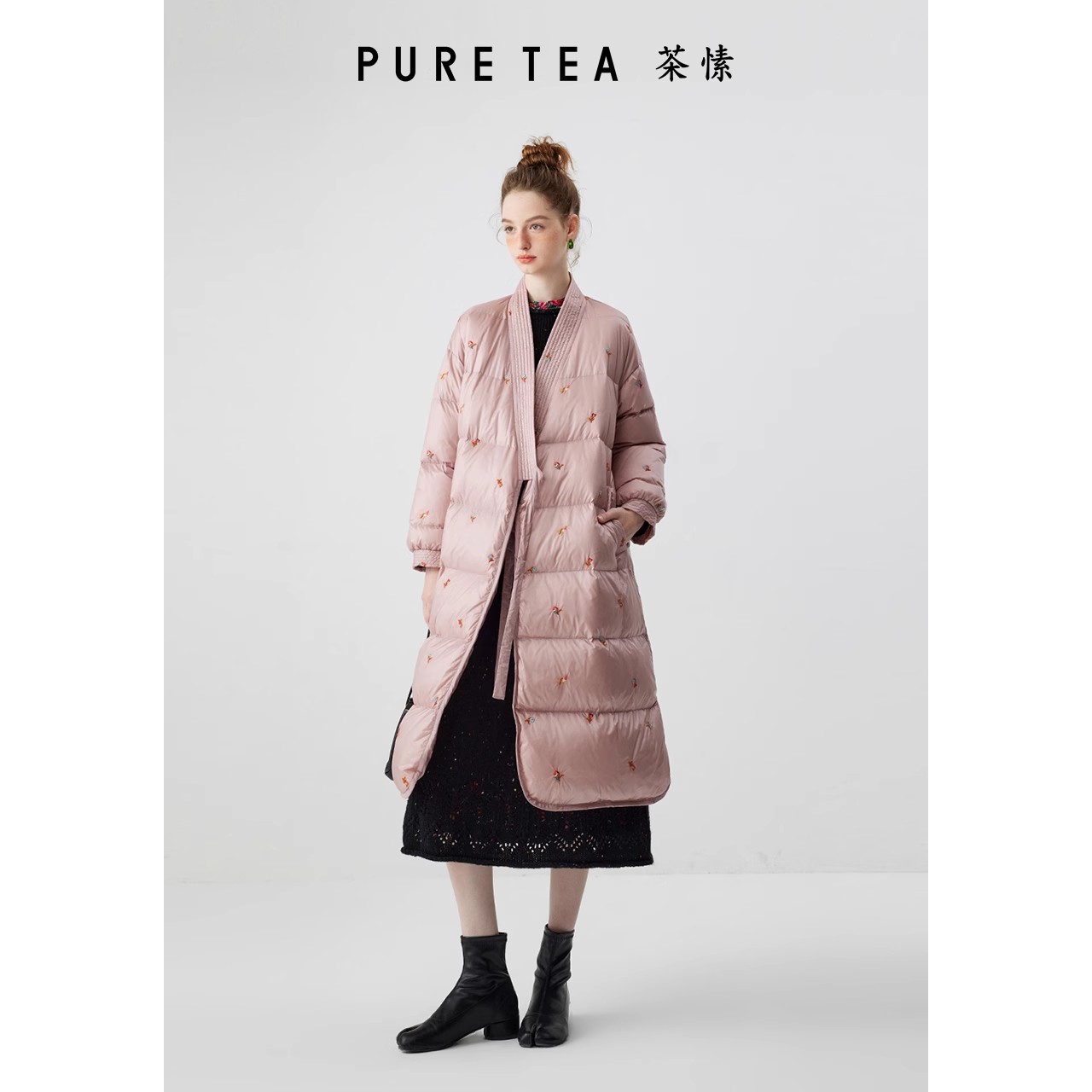 中式斜门襟刺绣白鹅绒羽绒服女ein言旗下puretea茶愫2023秋冬新款-图1