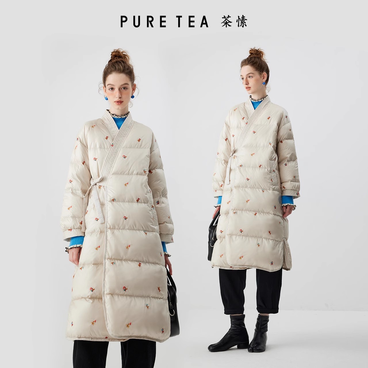 中式斜门襟刺绣白鹅绒羽绒服女ein言旗下puretea茶愫2023秋冬新款