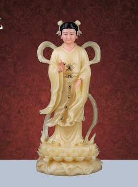 汉白玉招财童子龙女佛像供奉摆件