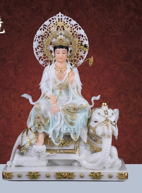 汉白玉文殊普贤华严三圣佛像摆件