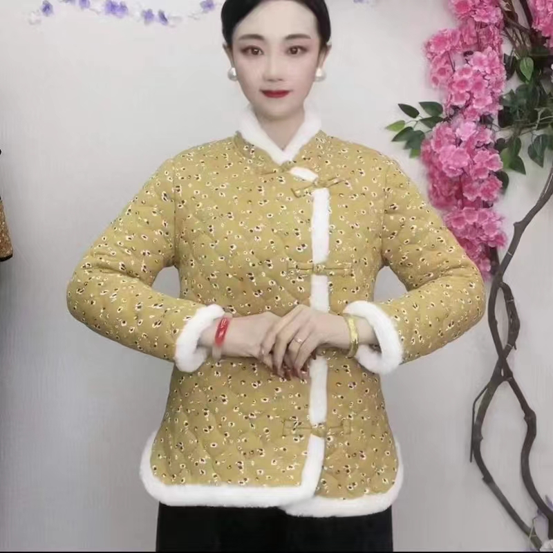 中式唐装棉衣女冬装新款棉服外套妈妈民族风复古驼绒女士花棉袄