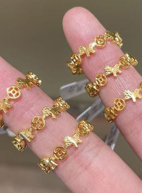 本命年金色木马铜钱币戒指高级感