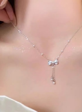 纯银蝴蝶结珍珠流苏项链轻奢小众