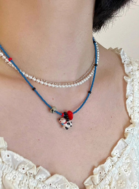 彩色串珠可爱开心奶牛吊坠项链女