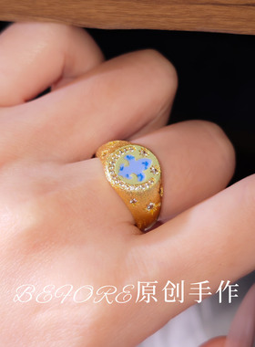鸢尾花拉丝戒指女小众设计轻奢