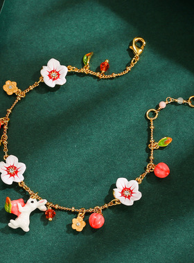 原创新款时尚可爱珐琅彩釉白色花朵水蜜桃立体小兔子多坠流苏手链