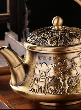纯黄铜茶壶办公室寿星福禄满堂手把壶精雕古玩铜器茶道装饰品酒壶