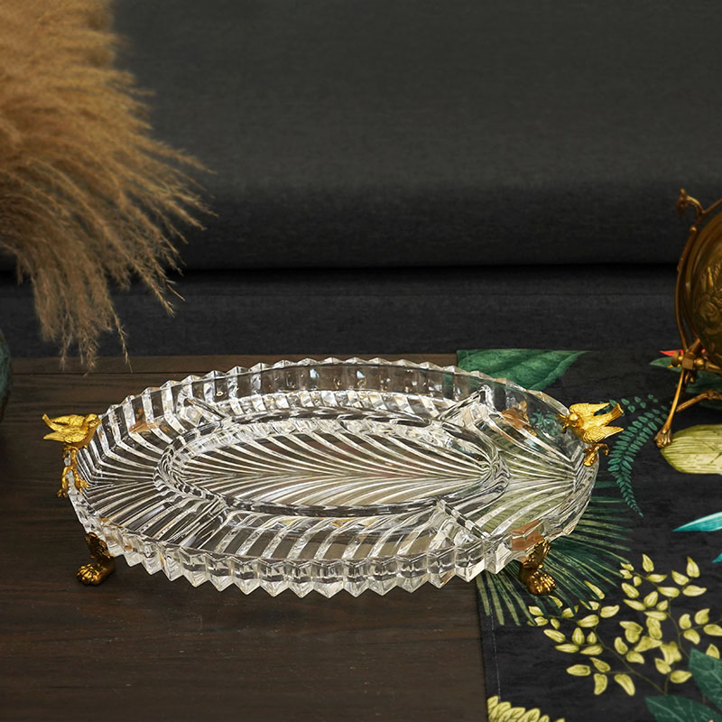 小鸟装饰黄铜玻璃椭圆多格干果盘水果盘家用奢华分格零食糖果盘 - 图0