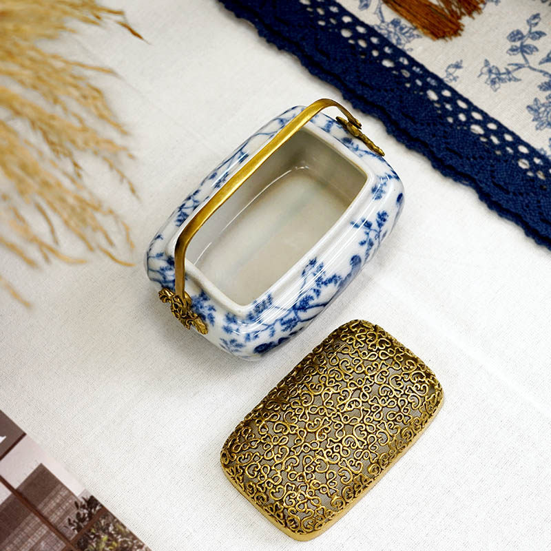 费灵家居青花陶瓷配铜手工首饰盒 装饰复古奢华收纳盒香炉摆件,淘宝优惠券,粉丝福利购,淘宝优惠卷