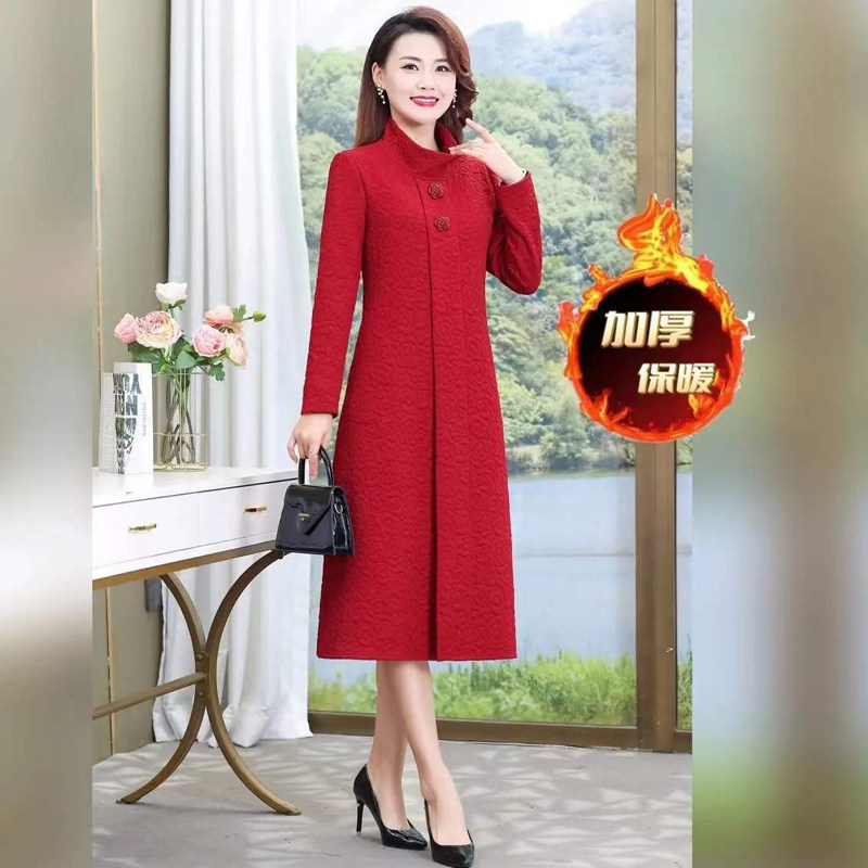 网红同款新品加厚弹力保暖裙女长款早春爆款长袖立领玫瑰花连衣裙