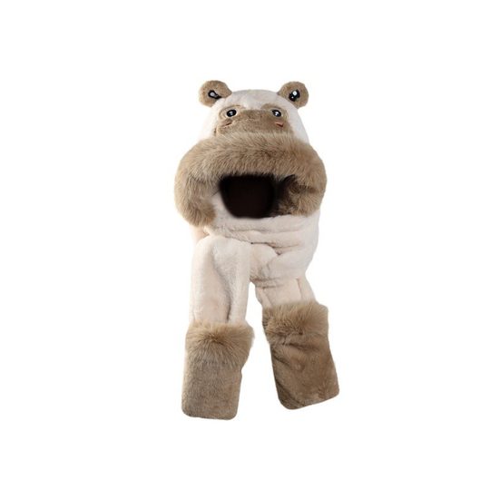 可爱青蛙毛绒帽子围巾一体女冬季加厚保暖骑行防寒百搭手套三件套