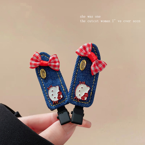 蓝色蝴蝶结Kitty猫咪发夹女卡通无痕鸭嘴夹侧边碎发刘海发卡头饰 - 图0