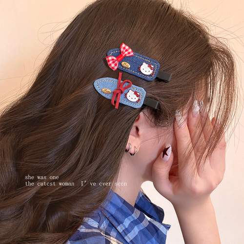 蓝色蝴蝶结Kitty猫咪发夹女卡通无痕鸭嘴夹侧边碎发刘海发卡头饰 - 图3