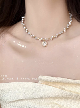 双层流苏珍珠项链新款山茶花