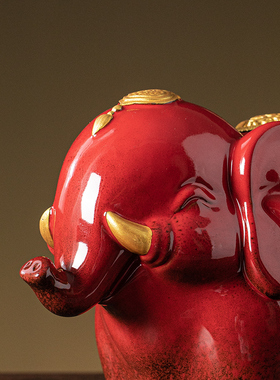 红色陶瓷大象摆件一对招财镇宅吉祥物摆设家居客厅玄关装饰工艺品