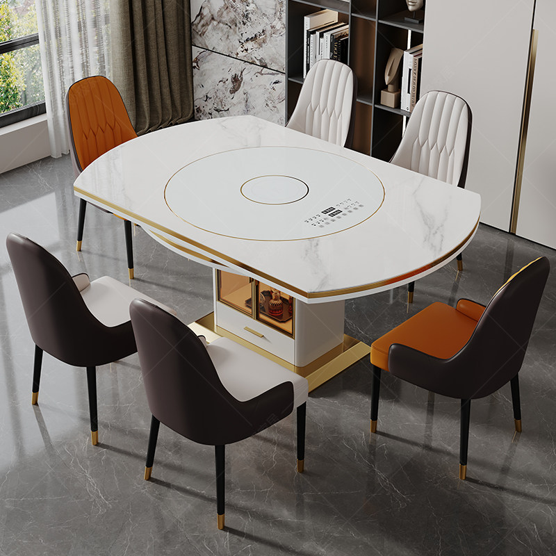 内嵌转盘岩板餐桌家用大小户型轻奢现代多功能电磁炉饭桌可变圆形,淘宝优惠券,粉丝福利购,淘宝优惠卷