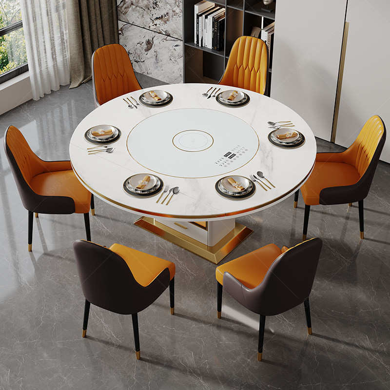 内嵌转盘岩板餐桌家用大小户型轻奢现代多功能电磁炉饭桌可变圆形,淘宝优惠券,粉丝福利购,淘宝优惠卷