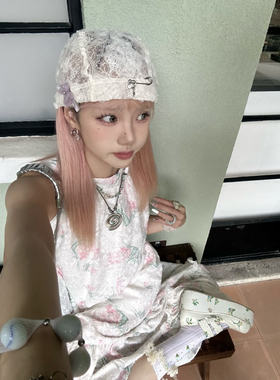 法式复古花朵蕾丝包头帽女夏韩版ins辣妹时尚薄款镂空头巾帽早秋