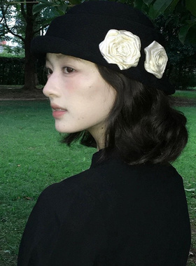 法式优雅山茶花卷边礼帽