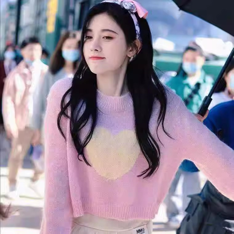 金晨徐璐明星同款毛衣女韩版春秋新款紫色爱心短款宽松长袖针织衫