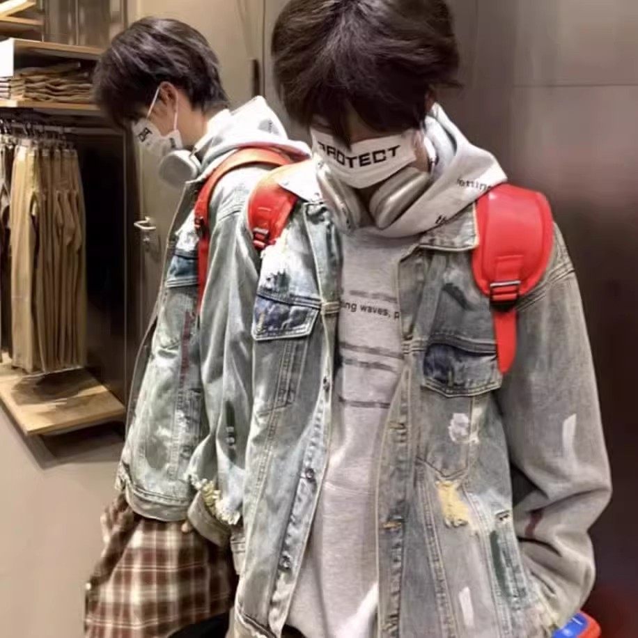 美式扎染破洞牛仔外套男春秋季新款宽松bf高街学院风情侣夹克痞帅,淘宝优惠券,粉丝福利购,淘宝优惠卷