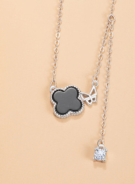 幸运四叶草纯银925项链女时尚百搭款玛瑙花朵锁骨链ins风蝴蝶吊坠