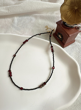 《暗黑骑士》小众设计复古酒红黑水晶串珠项链锁骨链颈链choker