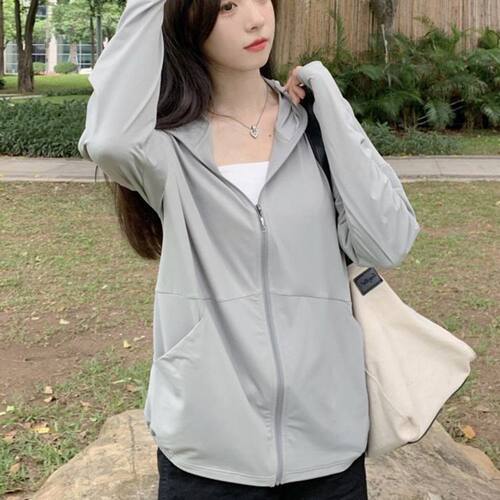 夏季凉感冰丝防晒衣纯色潮流女外穿超薄连帽风衣宽松运动防晒服20 - 图0