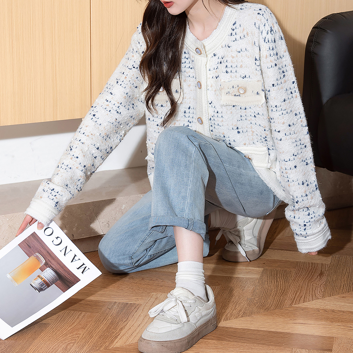 唐狮秋冬季女毛衣名媛小香风花纱设计圆领开衫外套通勤毛线衫tu,淘宝优惠券,粉丝福利购,淘宝优惠卷