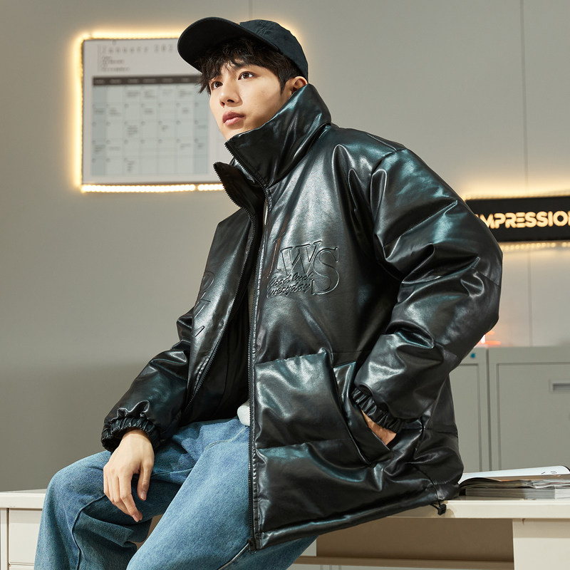 唐狮立领仿pu皮短款冬季新款羽绒服 唐狮outlets店羽绒服