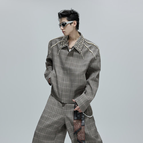 ArguE CulturE新贵小众珍珠设计千鸟格翻领短款夹克套装垂感西裤 - 图0